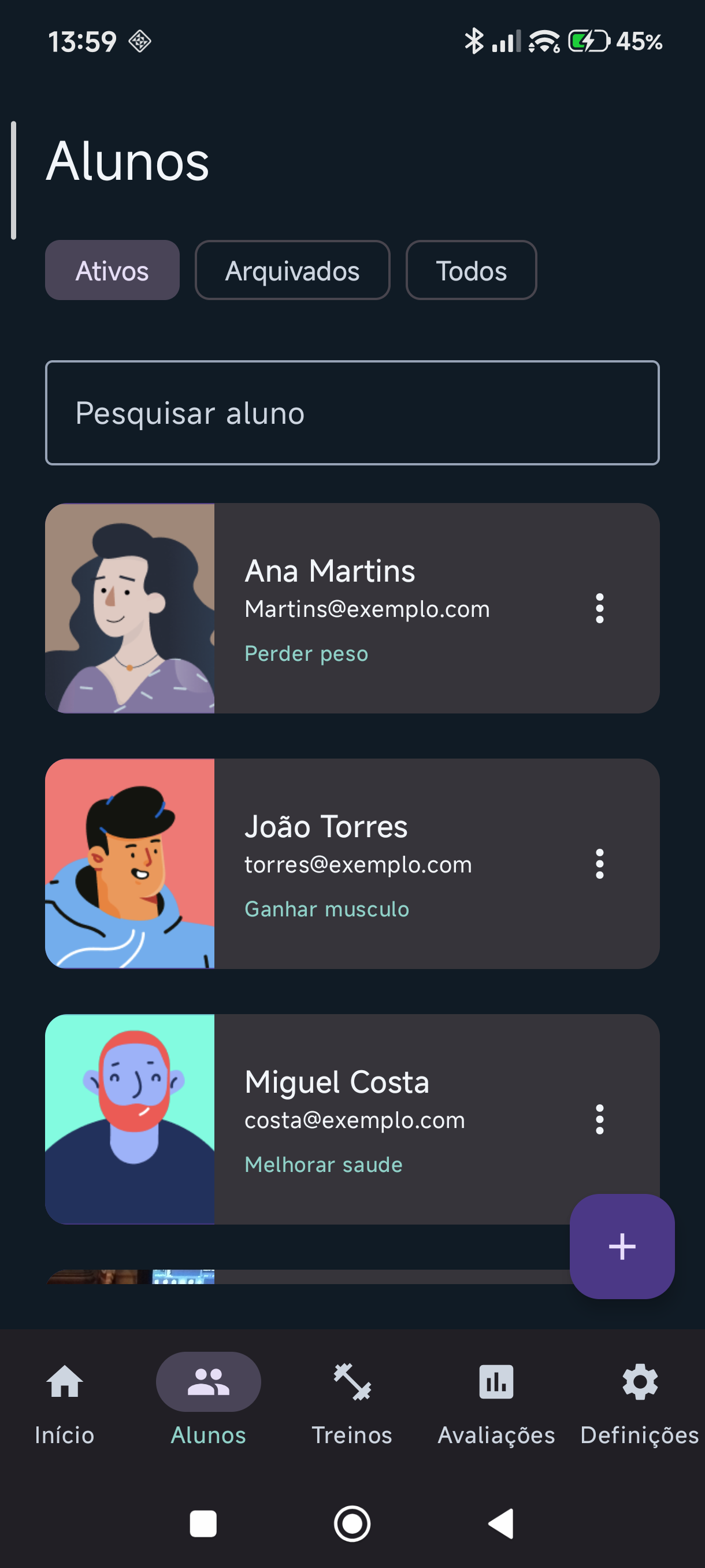 Gestão e lista de alunos