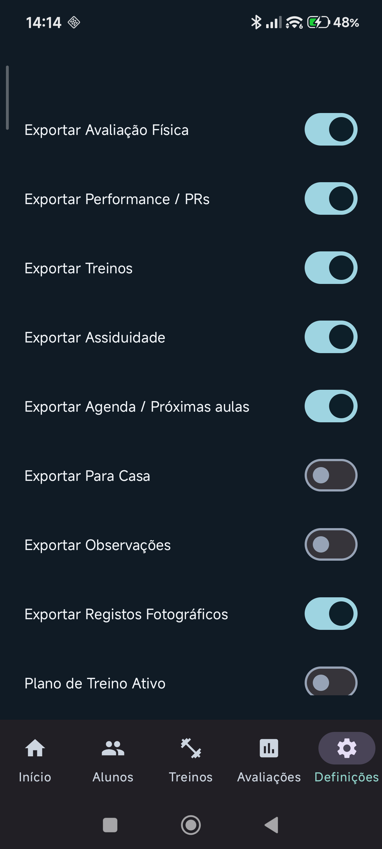 Toggles de permissões de partilha por aluno no telemóvel