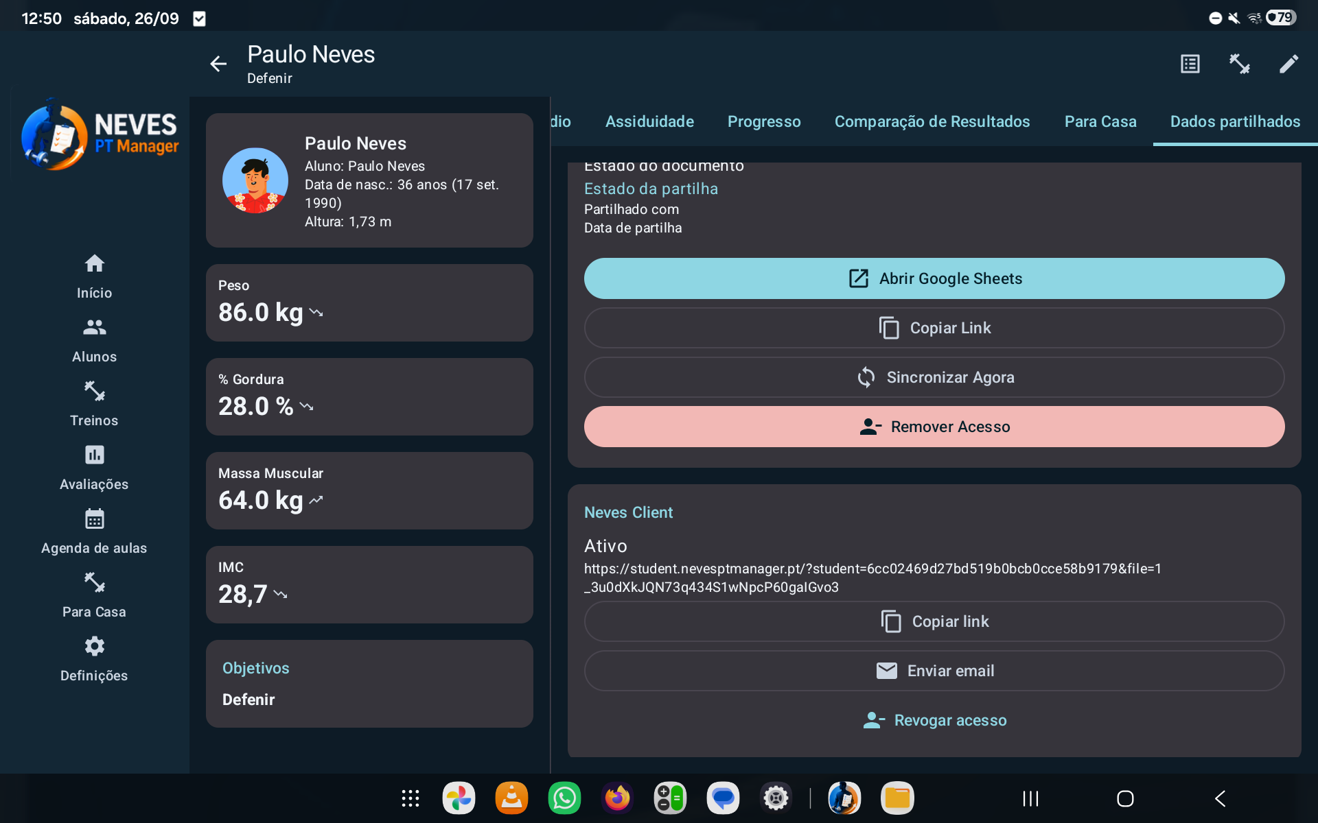 Definições de partilha e sincronização no tablet