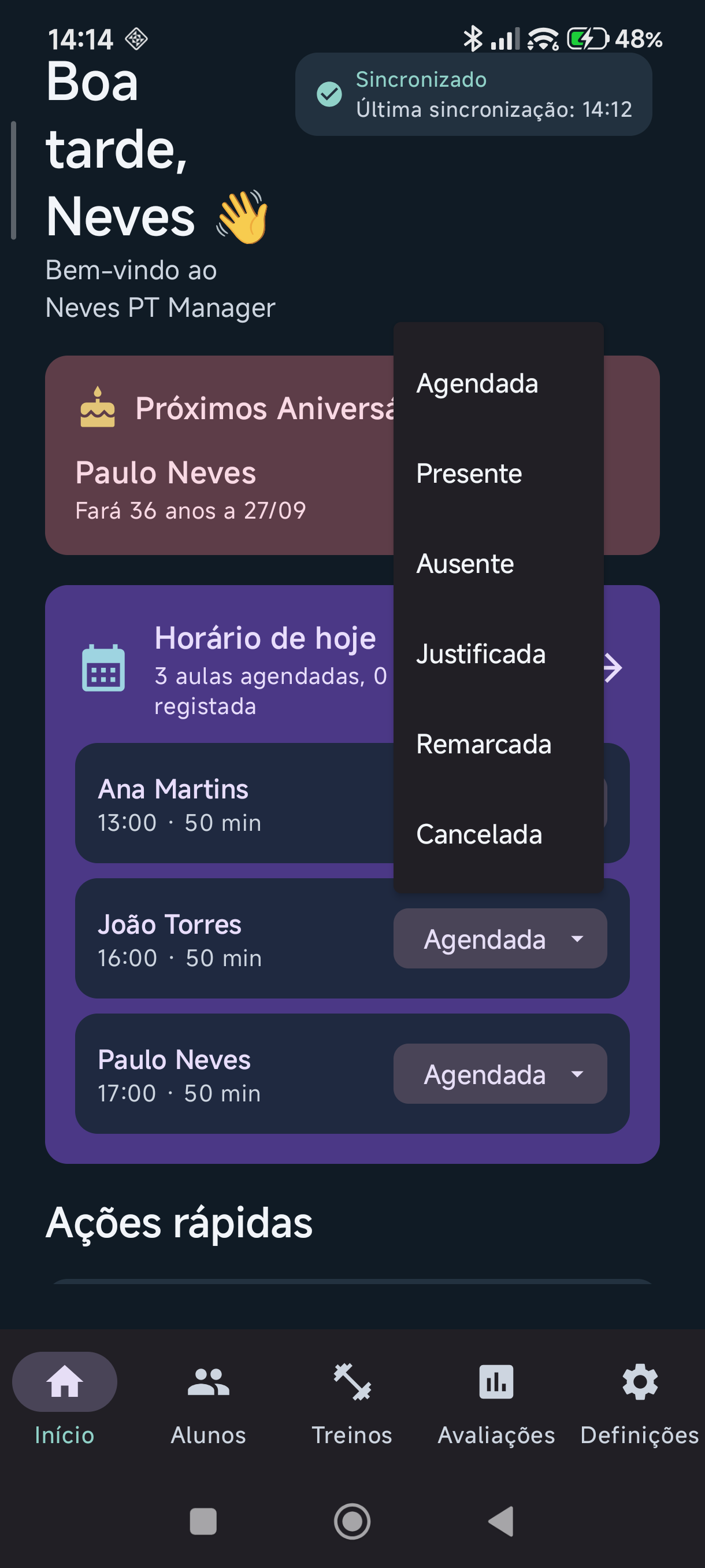 Menu de marcação rápida de presença no telemóvel