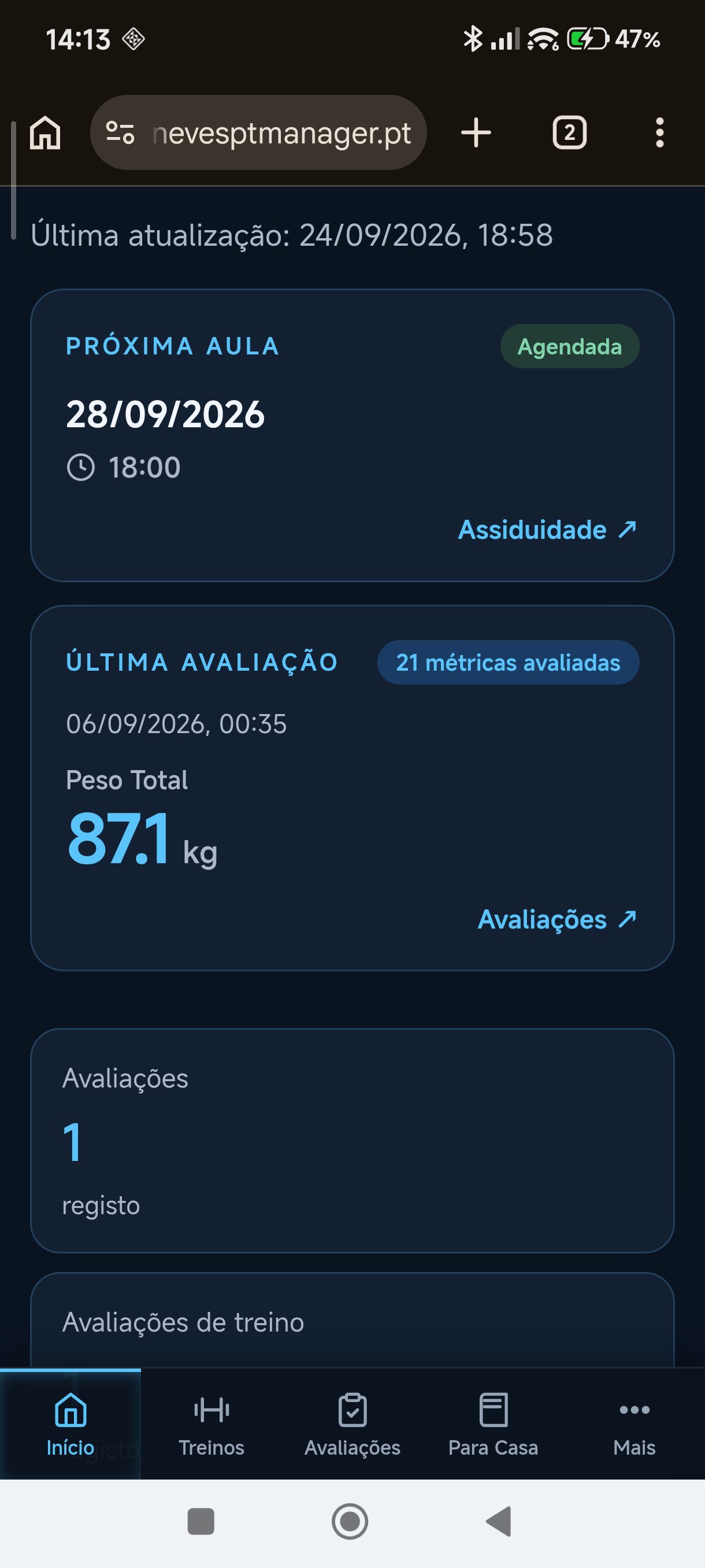 Área do Aluno Web no Neves Client com próxima aula e última avaliação