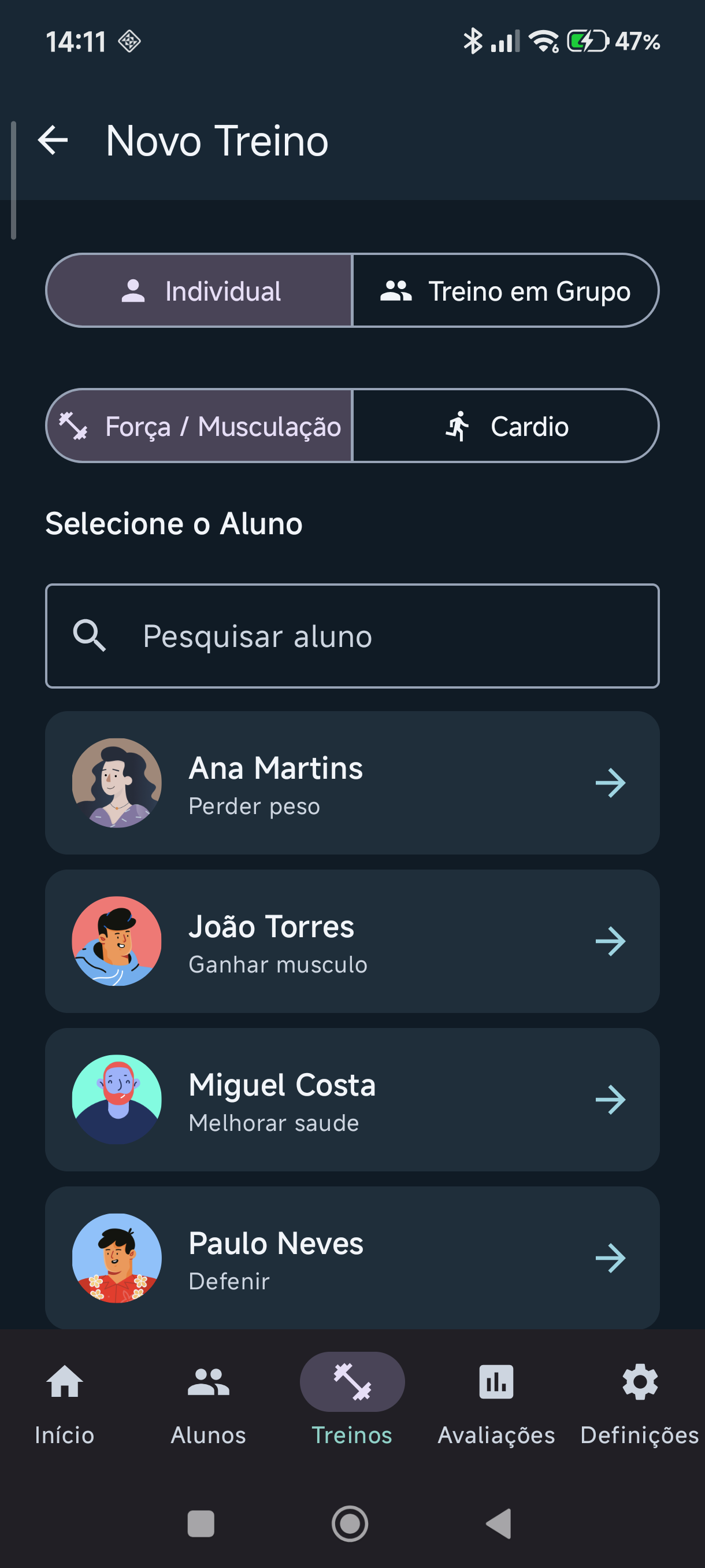 Seleção de treino e aluno no telemóvel