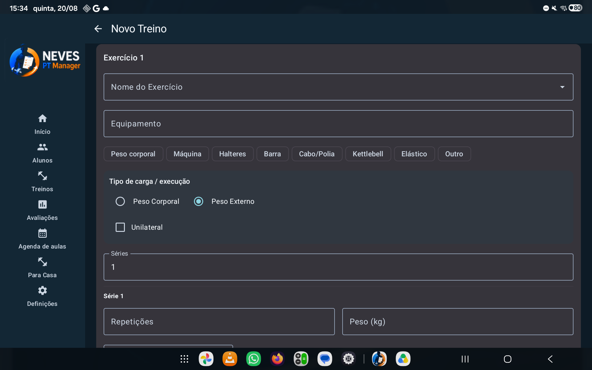 Registo de novo treino com séries, repetições e cargas